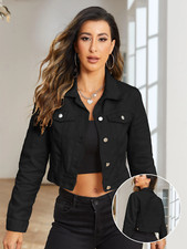 Damen Jeansjacke Übergangsjacke Schwarz Kurz Geschnittene Cropped Frühling S-XXL