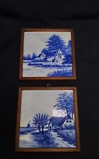 Delfter Blau 2 alte Fliesen Häuser in Holzrahmen 17 x 17cm