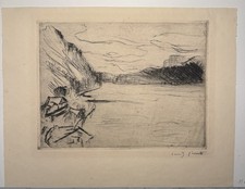 Lovis Corinth, Radierung, Landschaft mit Walchensee, 25x32 Cm, Original Signiert
