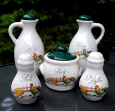 Essig-/ Ölspender- Set mit Pfeffer-/Salzstreuer und Senftopf..handbemalt..Hühner