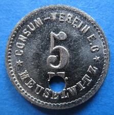 alte WERTMARKE MEUSELWITZ Consum-Verein 5 Pfennig Zink Me. 20988.9 VZ!
