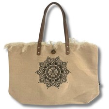 Schöne Tragetasche im Natur-Look, Hippie Handtasche mit Fransen - Flower of Life