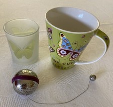 Teetasse Becher Tasse Porzellan mit Teesieb / Teeei und Teelicht Glas Set NEU