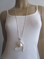 Damen Hals Kette lang Modekette Silber Weiss Herz Statement Blogger Lagenlook q1