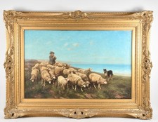 N92Q47- Gemälde Schafherde mit Flötenspieler an Strand signiert GD Heymann?