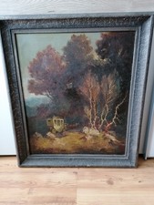 Pferde -Postkutsche im Herbstwald Ölgemälde auf Leinwand  1880 / Signiert