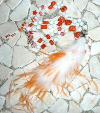 ★ lange Kette ★ FLOWER POWER HIPPIE BOHO IBIZA ★ FEDERBOA ★ orange & weiß ★