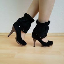 Highheels Pumps Schwarz Mit Stulpen Wildleder-Optik Absatz Schuhe  Holz Absätze 