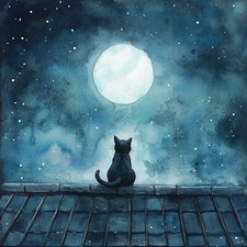 Deko Bild Katze im Mondschein Dach Wandbild Tiere Wanddeko Dekofliese Wandfliese