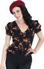 Hell Bunny «ORLA LEAVES» V-NECK Vintage Floral PEPLUM Bluse Shirt Rockabilly