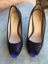 Damen Pumps  Peep-Toe  Gr. 37 blau-schwarz Spitze m. Pailetten JV"A mit Spitzen
