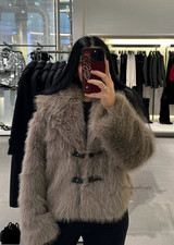 ZARA SHORT FAUX FUR COAT BROWN TAUPE