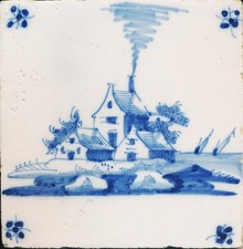 Delfter Blau orig. Fliese Häuser tile Delft Blue mit Eck-Dekoren 13 x 13 cm