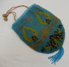 Glasperlenbeutel  Perlenbeutel Tropfen Schleifen blau  26cm x 17cm antik