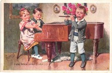 AK Kinder Musik Klavier Flöte, Künstler Feiertag, Kleinformat