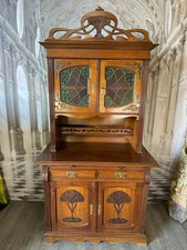 ANTIKES JUGENDSTIL BUFFET UM 1900 SCHRANK FLACHSCHNITZWERK BLEIVERGLASUNG