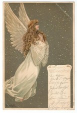 Gesegnete Weihnachten, Engel, Sterne, alte Litho-Ak signiert Mailick