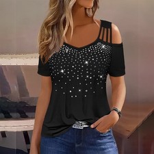 Damen Schulterfrei Kurzarm T-Shirt Strass Sommer Bluse Freizeit Tunika Oberteile