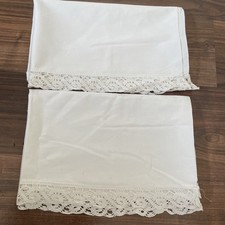 Altes handgewebtes Bauernleinen Gardinen Umhäkelt Borde Spitze  2 Teil
