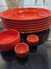5 + 1 Fondue Teller oval Raclette Fondue Antipasti Keramik rot 1970 er 3 Schalen