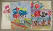 Blumen Stillleben - 4 Gemälde Aquarelle - Botanik Blüten Pflanzen - 20. Jh.