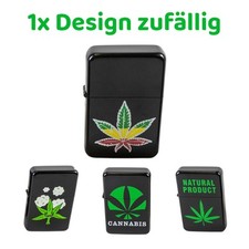 Cool Benzin-Feuerzeug schwarz Cannabismotiv zufällig, unbefüllt