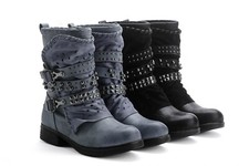 Damen Stiefeletten Biker Boots Nieten Herbst Winter Flach Stiefel Neu ST15