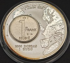 São Tomé und Príncipe Silber 2000 Dobra, 1999 Jahr des Euro 1 Frank  1 Oz PP.