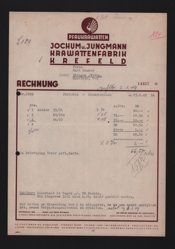 Krefeld rechnung 1949 - 1949,, jochum