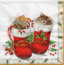 3 Servietten ~ Weihnachten, Tiere, Kätzchen und Maus in Stiefeln mit Ges ~ 33x33