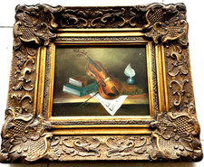 Ölgemälde auf Holz – Stillleben mit Violine und Feder, polnischer Herkunft