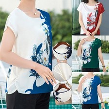 Frauen Bluse Eisseide Runden Hals Lose Blume Drucken Kurzarm Oben Atmungsaktiv