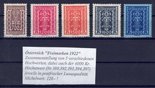 Österreich ex Freimarken 1922 389+392+393+394+397 postfrisch. Mi. 128 EUR.