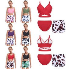 DE Mädchen Badeanzug Bademode 3 Teilig Blumen Druck Bikini Set mit Rock Sommer