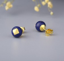 T09 Ohrringe Ohrstecker Lapislazuli blau rund 925 Sterlingsilber vergoldet