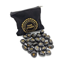 PURAJA Runensteine Set: Schwarzer Achat | Mit Elder Futhark Alphabet | 25 Runen