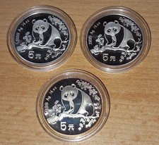 3 x China 1/2 Oz 5 Yuan Panda 1993 Silber in Kapsel