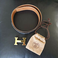 HERMES Gürtel für Damen und Herren, schwarz-cognac (braun) gold Schnalle