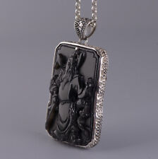I05 Anhänger Guan Gong chinesischer General Silber 925 schwarzer Obsidian