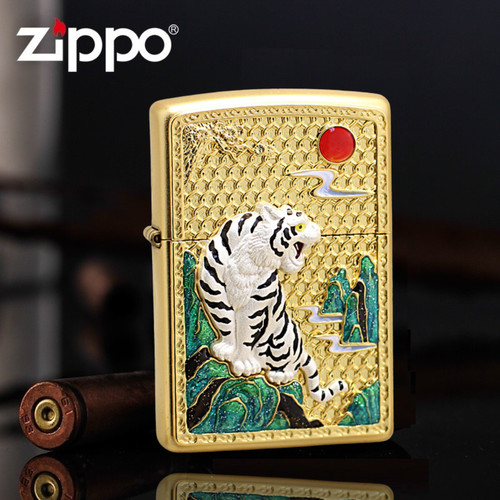 Gold shangshan tiger zippo - gold, 3d