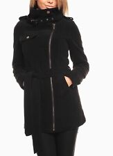 DAMEN ÜBERGANG JACKE WOLL MANTEL LONG BLAZER SCHWARZ KRAGEN WOLLE GÜRTEL NEU