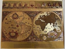 Vintage Goldfolie Blau Wandkarte der Welt Nova Totivs Orbis Tabvla gerahmt