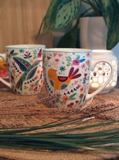 2er Set Tassen Becher Porzellan Vogel Blumenmotiv Weiß bunt Geschenkidee 350 ml