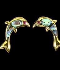 925Silber OHRRINGE Stecker, Delfine Edelstein Augen Rubin,,Muschel 585 Vergoldun