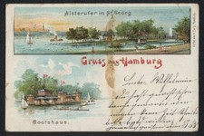 Lithographie Hamburg, Bootshaus, Alsterufer in St. Georg 1899 