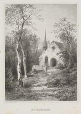 A. WEBER (*1823), Blick auf eine Waldkapelle, Lithographie Romantik Landschaft