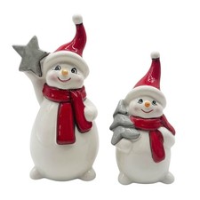 Keramik Schneemänner im 2er Set in 2 Größen Weiß/Rot Weihnachten Advent Deko 