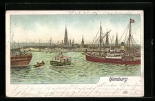 Lithographie Hamburg, Der Hafen mit Segelschiff und Barkasse 1903 