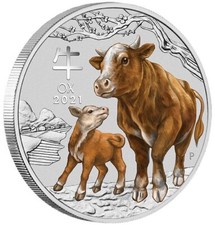 Lunar III Ochse 2021 1 Unze Silber Münze Silbermünze  farbig colloriert