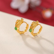 F02 Ohrringe Kreolen Drache und grüne Jade 925 Sterlingsilber vergoldet